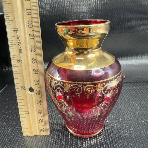 Venetian Art Glass Vase Vessel Hand Painted Gold Accents Attached Jewels Vase - Picture 2 of 10